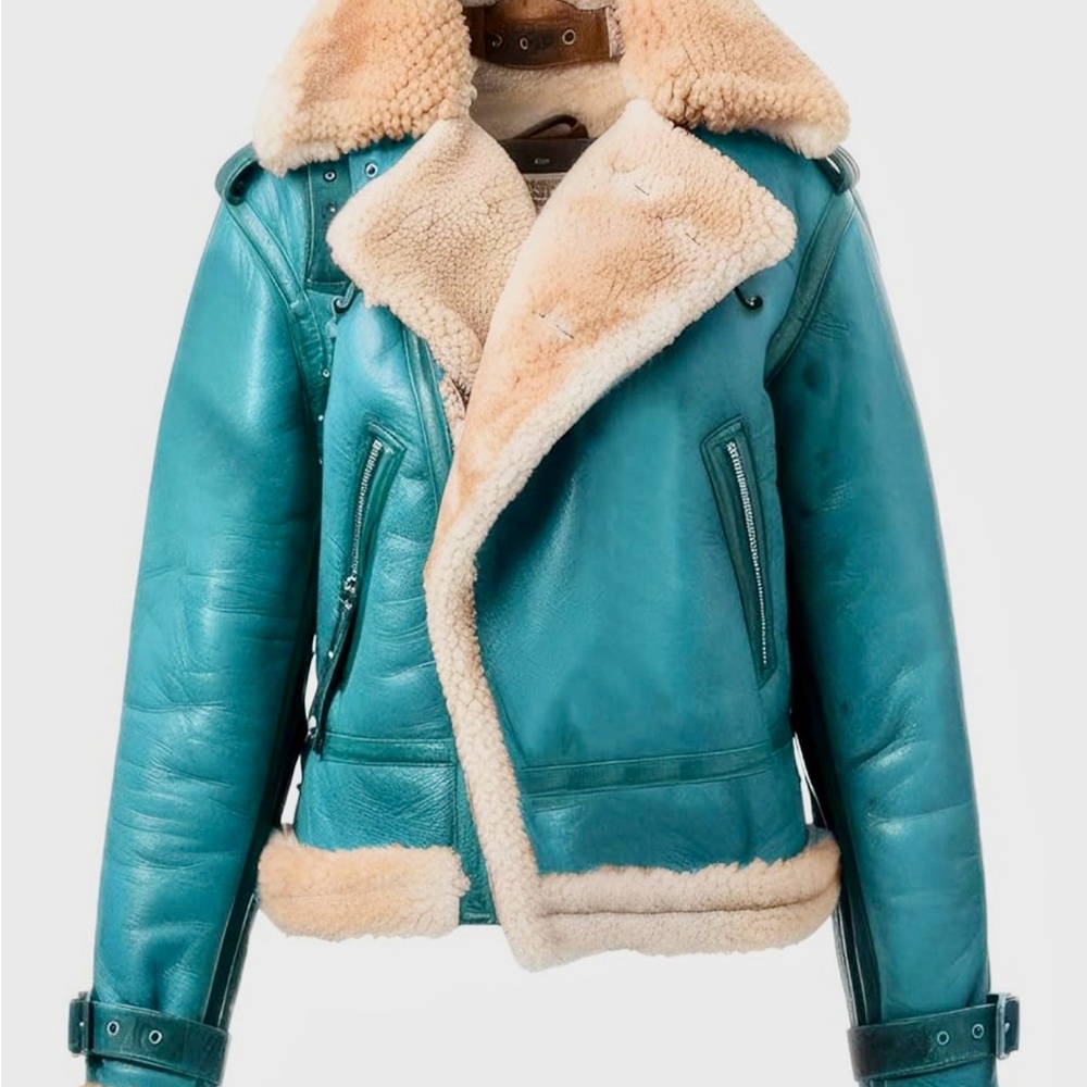 Handmade Beautiful Teal Leather Shearling Lined Jacket XL 1X